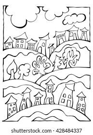 Vector houses and trees black white landscape illustration for painting