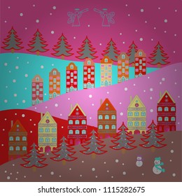 Vector with houses and wild forest life with mountans. Vector illustration. Can be printed and used as wrapping paper, wallpaper, textile, fabric, etc. Picture on pink, neutral and red colors.