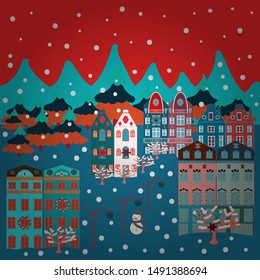 Vector with houses and wild forest life with mountans. Vector illustration. Picture on red, blue and orange colors. Can be printed and used as wrapping paper, wallpaper, textile, fabric, etc.