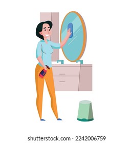 vector housewife is cleaning the mirror