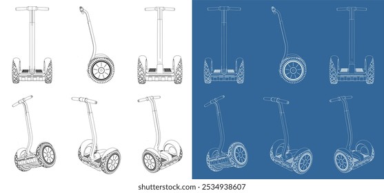 vector Hoverboard with Handle electric transport line art draw blueprint from all view top corner side back isolated in transparent background 