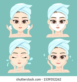 Vector how to use foam by the girl. A girl use foam for cleaning her face by 4 step.