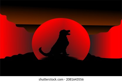 Vector Howling Wolf On Dark Red Background And Full Moon Or Wolf In Silhouette Howling At Full Moon, Wolf Silhouette Howling.