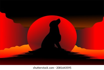 Vector Howling Wolf On Dark Red Background And Full Moon Or Wolf In Silhouette Howling At Full Moon, Wolf Silhouette Howling.