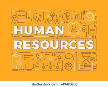 Vector HR Background Concept with outline items. Simple thin line Icons Isolated on orange Background design. Human Resources template. 