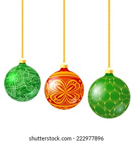 Vector  Hristmas balls with decoration made from snowflakes shapes on a red ribbon. Original design element. Decorative color illustration for print.
