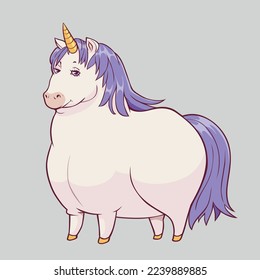 Vector hubby cute unicorn. White chunky unicorn with golden horn isolated on white