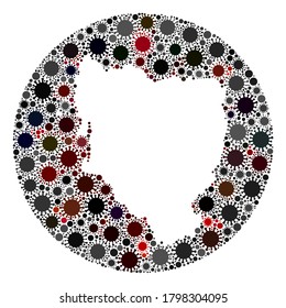 Vector Hueska Province map collage of flu virus. Infection attacks the quarantine territory from external zone. Hole circle Hueska Province map collage formed with viral parts.