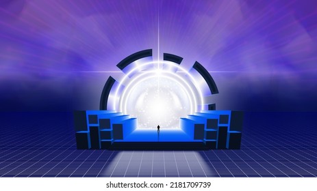 Vector huge 3d fantastic blue luminous radiant bright portal or gate to the other world with a dark small human silhouette