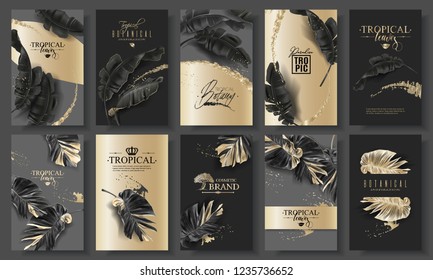 Pancarta gigante vectorial con hojas negras tropicales y salpicaduras de oro en un fondo oscuro. Diseño botánico exótico de lujo para cosméticos, spa, perfume, aroma, salón de belleza. Mejor carta de invitación de boda