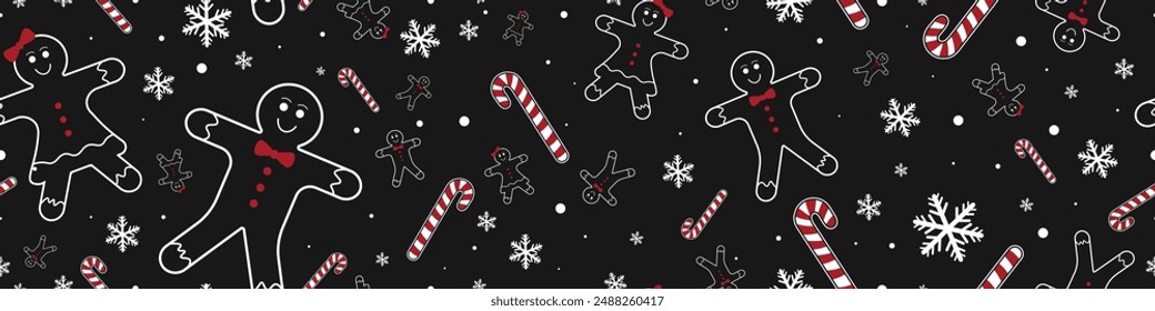 Vector Huge Christmas Ginger Bread Cookies Candy Canes and Snow Flakes Printable Seamless Pattern Christmas sweets and decorations texture Can be used also as card background or banner design template