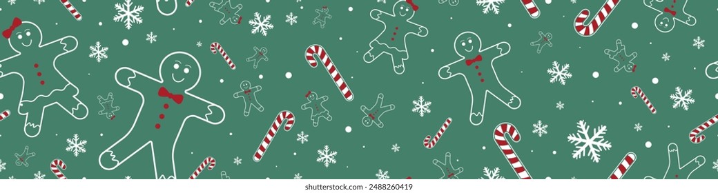 Vector Huge Christmas Ginger Bread Cookies Candy Canes and Snow Flakes Printable Seamless Pattern Christmas sweets and decorations texture Can be used also as card background or banner design template