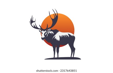 Vector enorme y potente alce forestal sobre el fondo del sol. Moose. Fondo blanco aislado.