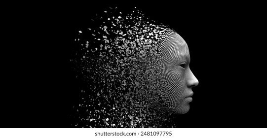 Vector human or artificial head dispersion effect and disintegrating into particles on black background. 3D polygonal illustration. Concept of fusion between human and artificial intelligence.