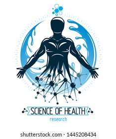 Vector human being made as scientific molecular connections and surrounded by a water ball. Technology and nature balance.