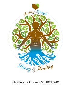 Vector human being standing. Alternative medicine concept, phytotherapy illustration created as the combination of water and tree nature powers.