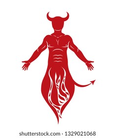 Vector human being standing in flame. Mystic infernal horned Satan, evil spirit.