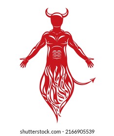 Vektormenschlichkeit, die in Flammen steht. Mystische Höllenbestie hornte den Satan, böse Geisteshaltung.