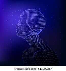 Vector human body in dark blue colors patterned with mesh. Side view. Artificial intelligence concept. Modern cyber technologies. Starry design.