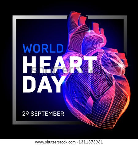 Vector human body heart with abstract 3d geometry lines and gradient waves art to medical world health heart day or medicine cardiology anatomy or  biology science organ wireframe on dark background