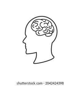 Ilustración de contorno del cerebro humano vectorial en la cabeza, silueta de perfil facial, arte de línea negra aislado en fondo blanco.
