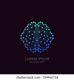 Vector human brain in low poly particles tech style. Logo, icon, emblem design template. Futuristic concept for neural networks, artificial intelligence, education and high technology.