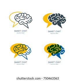 Vector human brain and speech bubble logo, sign, or emblem design. Business forum or chat line icon set. Concept for social network, development and creativity blog.