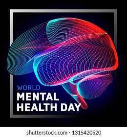 Vector Human Brain To World Mental Health Day With Abstract 3d Geometry Lines And Gradient Waves Art To Medical Alzheimer Disease Medicine Think Anatomy Or Aneurysm Biology Organ On Dark Background