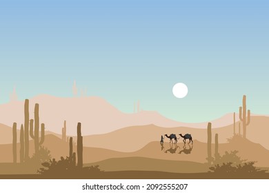 vector human and camels walking on desert background.sand