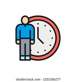 Vector human with clock, time management flat color line icon.