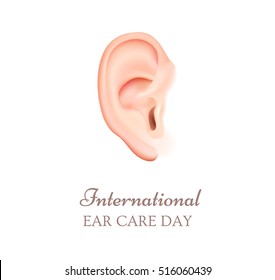 Vector  human ear. International ear care day symbol. Photo-realistic illustration of people ear, different shapes and forms isolated. Poster, banner, print, web design element.