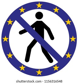 Vector human entry forbidden symbol icon in European Union flag colors. Conceptual image. EU governments and people against illegal migrants coming overseas. Stop unchecked immigration to EU. No more