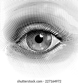 Vector human eye in engraved style. Eps8. CMYK. Organized by layers. One global color. Gradients free.