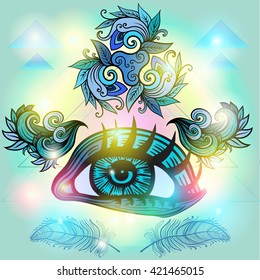 Vector human eye in engraved style.  Mystic esoteric sacred symbol