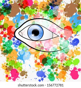Vector Human Eye Illustration On Abstract Colorful Background Made From Blots, Splashes