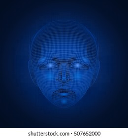 Vector human face in dark blue colors patterned with mesh. Front view. Artificial intelligence concept. Modern cyber technologies