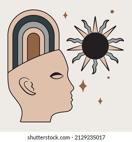 Vector Human Face with Sun, Cosmic Illustration for Card, Poster, Banner and More.