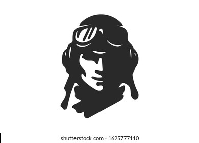 A vector Human Fighter Pilot half face illustration and Silhouette in retro aviator helmet with open jaw. Icon 