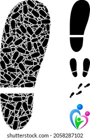 Vector human foot print collage is made from random itself human foot print elements. Recursive collage from human foot print.