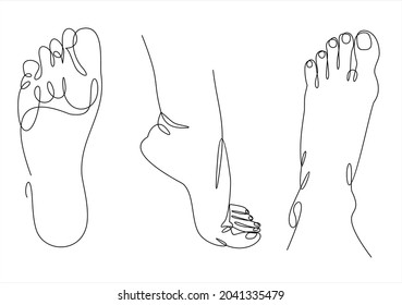 Pie humana vectorial en varias poses. Dibujo manual con una línea. Conjunto de pies femeninos para el diseño.  ilustración. Línea continua