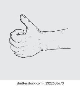 Vector Human Hand Fist, Thumbs Up, Hand Drawn Illustration. Professional Cross Hatch Silhouette in Black and White Technique. Pencil Shaded Artwork.