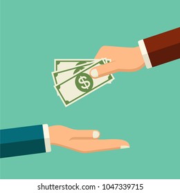 Vector human hand gives money to another hand, flat style. Easy credit concept. Businessman hand. 