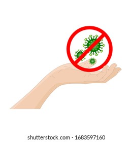 Imagen de la mano humana vectorial que muestra el coronavirus con el símbolo de negación