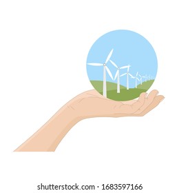 Vector Human Hand Holding Picture With Electrical Windmill, Green Hills And Blue Sky. Eco Friendly Type Of Energy