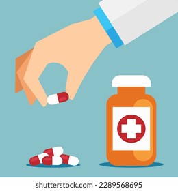 Vector human hand holding pill between fingers. Illustration in a flat style. Medical treatment and healthcare