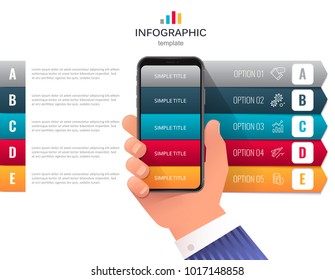 Vector human hand holds a mobile phone. Business infographics template 5 steps timeline concept.