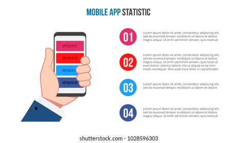 Vector human hand holds a mobile phone. Can be used for workflow layout, diagram, number options, step up options, web design, banner template, infographic.
