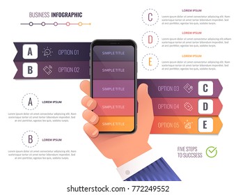 Vector human hand holds a mobile phone. Can be used for workflow layout, diagram, number options, step up options, web design, banner template, infographic.