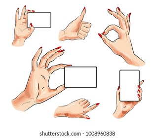 Vector human hand icon set. Female hand with card and thumb up, pointing finger, okay hand signs isolated on white background.