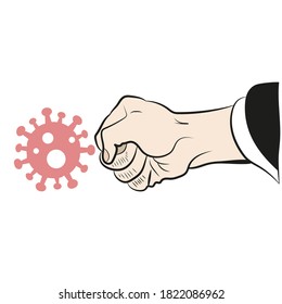 Vector. Human hand kick the Corona Virus